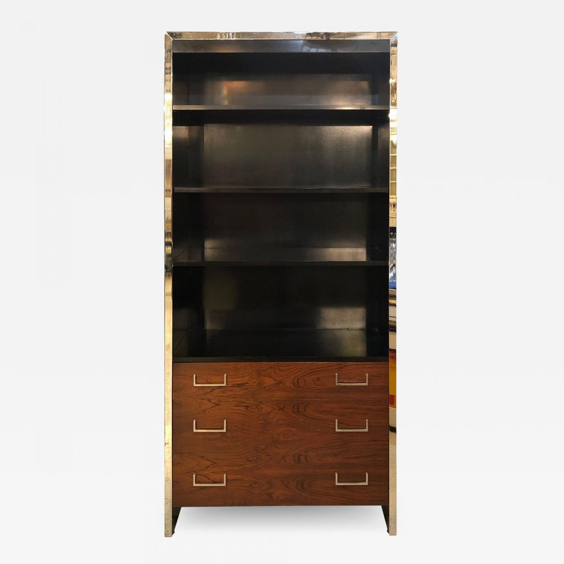 West John Stuart for Baughman Mid-Century Modern Bookcase Ebony and Rosewood: Title: West John Stuart for Baughman Mid-Century Modern Bookcase Ebony and Rosewood Description: A West John Stuart for Milo Baughman Mid-Century Modern bookcase over commode having an ebony case and