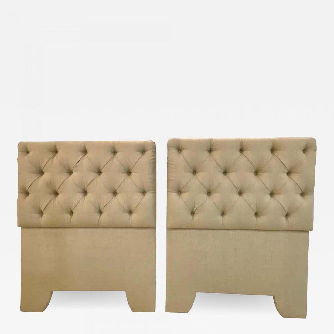 Pair of Tufted Linen Twin Headboards: Title: Pair of Tufted Linen Twin Headboards Description: Pair of tufted linen twin headboards. Additional Information: Period: 1950-1979 Materials: Linen, Wood Condition: Good. Wear consistent with ag