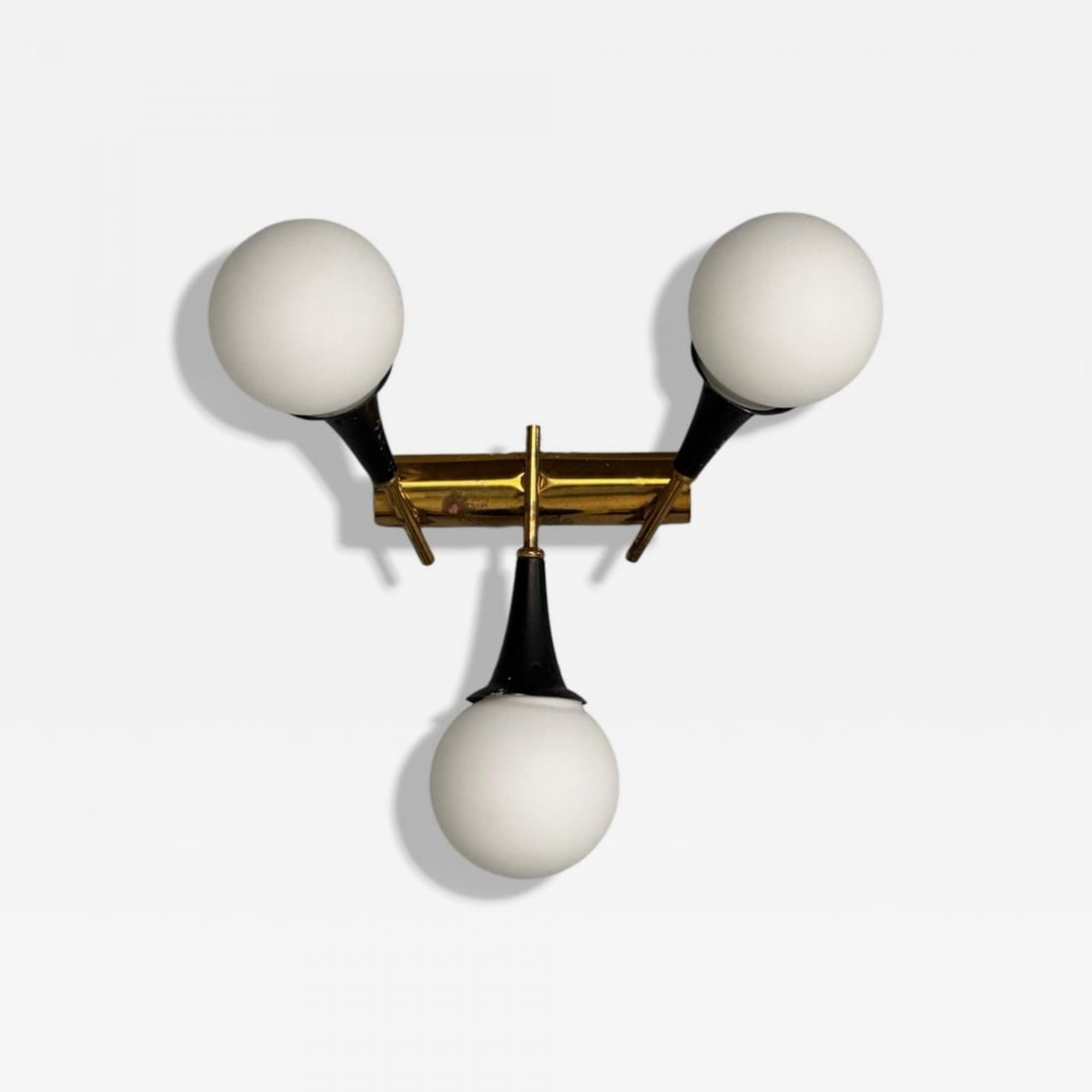 Stilnovo, Italian Mid-Century Modern, Brass, Glass, Three Light Sconce, 1950s: Title: Stilnovo, Italian Mid-Century Modern, Brass, Glass, Three Light Sconce, 1950s Description: Stilnovo, Italian Mid-Century Modern, Three Light Sconces, Wall Lights, Brass, Painted Brass, Italy, 1