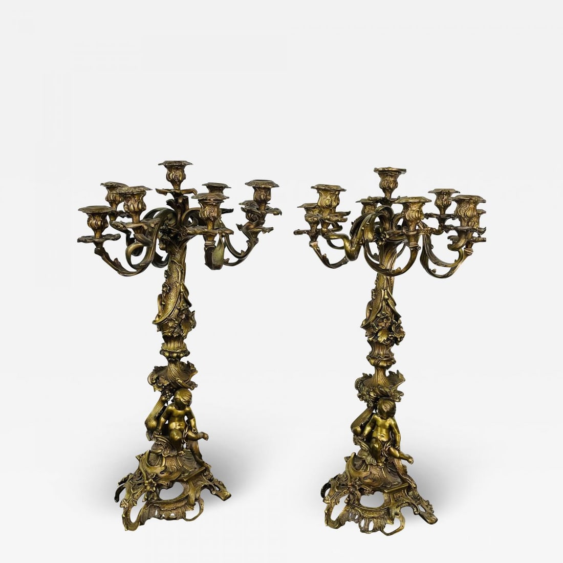 Pair of Louis XVI Style Gilt Bronze Candelabra, Cherub Florentine Form (1 of 12)