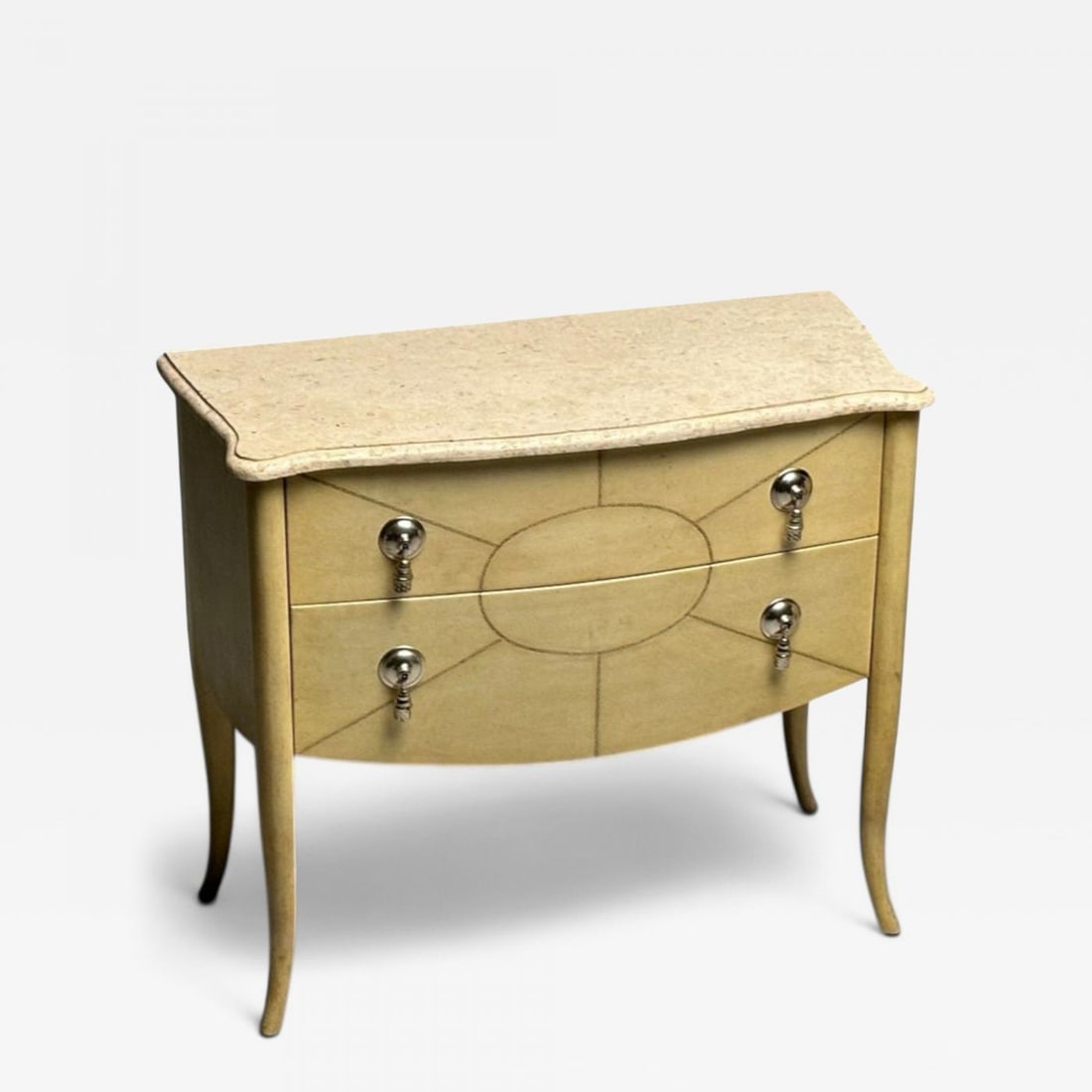 Andre Groult Style, Art Deco, Parchment Paper, Faux Stone, Nightstand, 1990s: Title: Andre Groult Style, Art Deco, Parchment Paper, Faux Stone, Nightstand, 1990s Description: Andre Groult Style, Art Deco, Parchment Paper, Faux Stone, Nightstand, 1990s A single mid-century moder