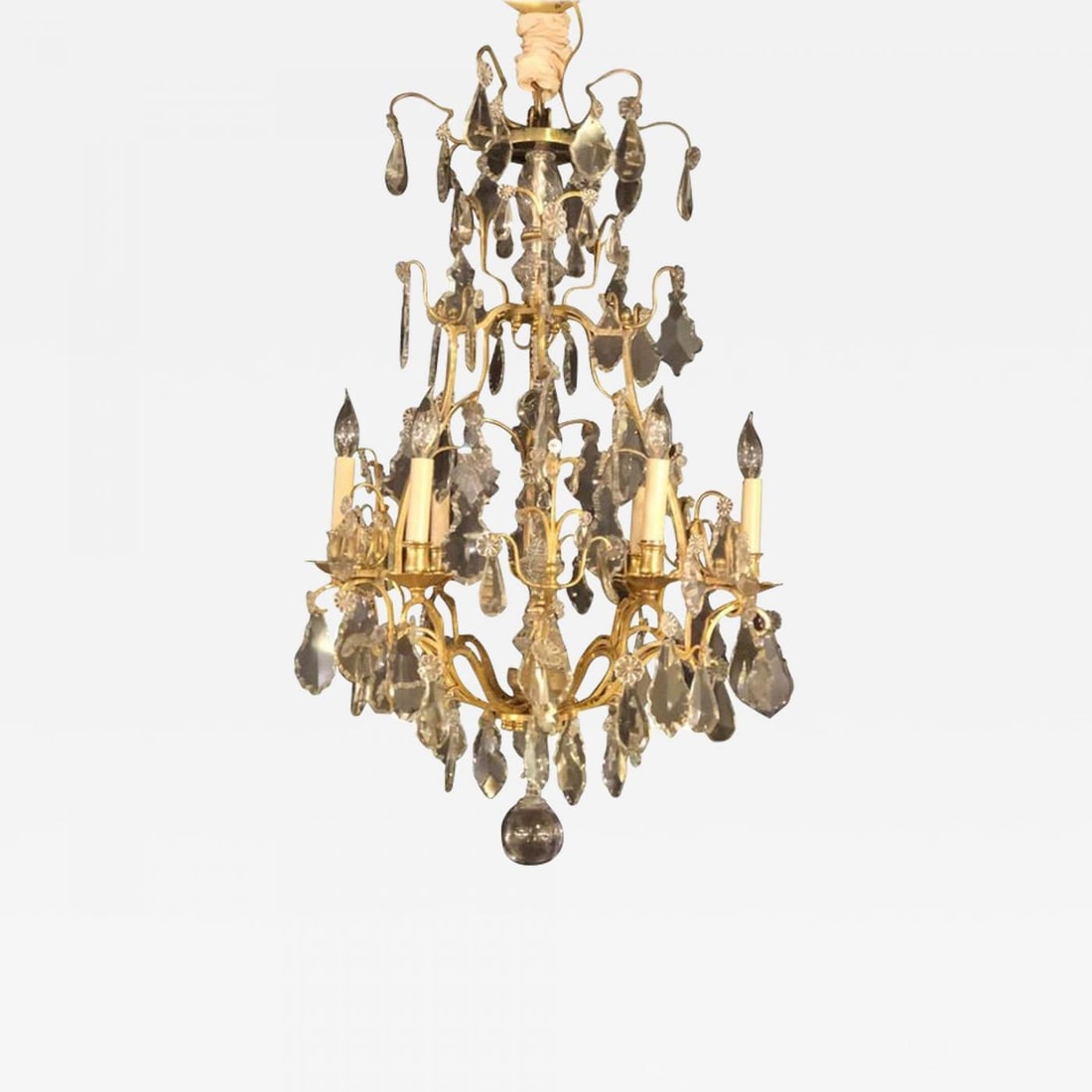 French Six-Light Cut Crystal and Brass Chandelier Newly Wired: Title: French Six-Light Cut Crystal and Brass Chandelier Newly Wired Description: A fine six light cut crystal and brass chandelier newly wired. The center having glass column-form with brass supports