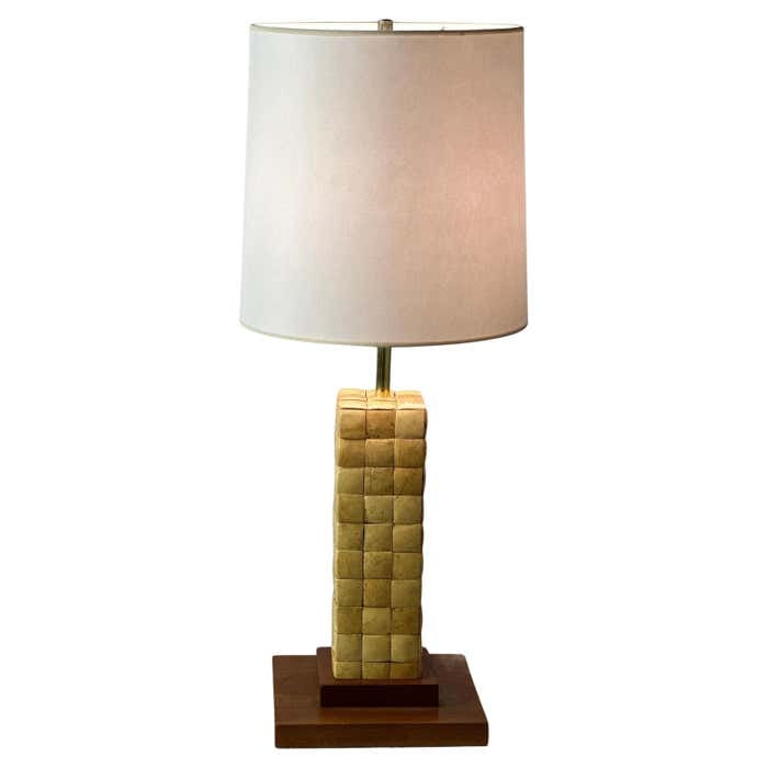 Basket Weave Table Lamp Attr. to Paul Laszlo: Title: "Basket Weave" Table Lamp Attr. to Paul Laszlo Description: Visionary Paul Laszlo designed this mid-century table lamp for Brown Saltman during the 1950s in the United States. It has a wood bod