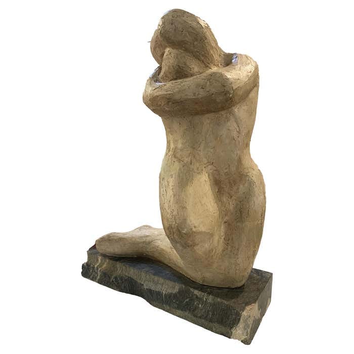 Embrace Clay Sculpture on Marble Base by Joan Carl Strauss: Title: "Embrace" Clay Sculpture on Marble Base by Joan Carl Strauss Description: This work by J. Carl Strauss rests on a marble base, firmly anchoring its presence in space with a silent density. Alth