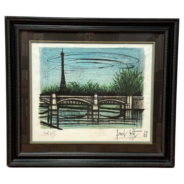 Parisian Bridge by the Eiffel Tower Landscape Lithograph by Bernard Buffet: Title: "Parisian Bridge by the Eiffel Tower" Landscape Lithograph by Bernard Buffet Description: When we mention Bernard Buffet, we instinctively think of his tortured portraits and dark representatio