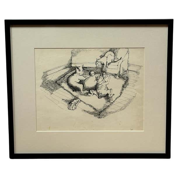 Playful Pets Satirical Ink Drawing of Three Cats (1 of 7)