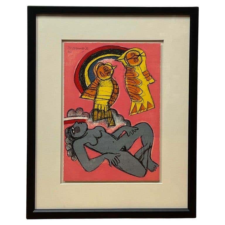 Rainbow Birds and Figure Lithograph by Corneille: Title: "Rainbow Birds and Figure" Lithograph by Corneille Description: This lithograph, as well as the 3 followings, has been done by Dutch artist Corneille, (1922-2016) who created lyrical, expressio