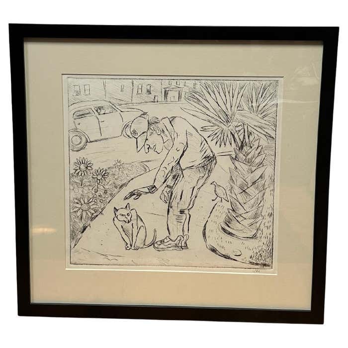 Reluctant Cat Satirical Drawing by John Marx: Title: "Reluctant Cat" Satirical Drawing by John Marx Description: A man bends down to pet a cat sitting on the sidewalk. He seems intent on coaxing affection from the animal, but the cat remains wary