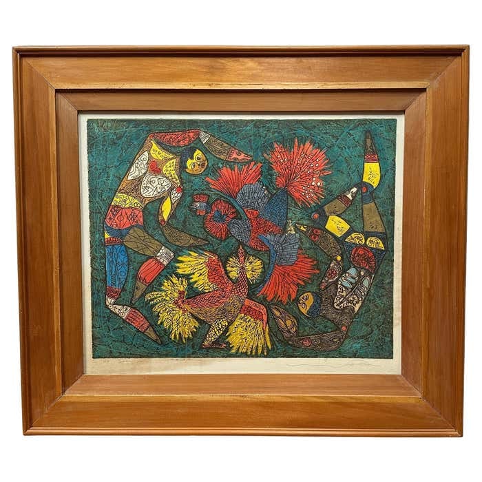 Transformation Symbolic Colorful Artist Proof Etching: Title: "Transformation" Symbolic Colorful Artist Proof Etching Description: At first glance, this colorful etching reveals a mirrored structure, two figures, and two roosters, almost identical and ref