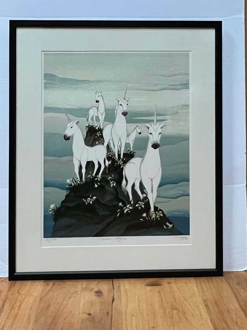 Unicorns Rhyme Lithograph by Gustavo Novoa: Title: "Unicorns Rhyme" Lithograph by Gustavo Novoa Description: This lithograph is hand signed and numbered.Gustavo Novoa was born in 1941 in Santiago, Chile. He attended the Academy of Fine Arts and