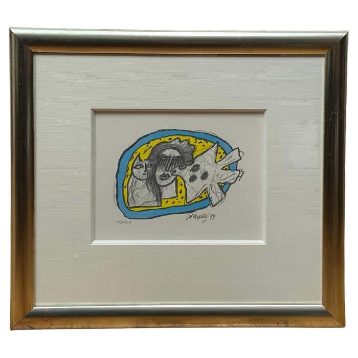 Cat, Bird and Woman Lithograph #1 by Guillaume Cornelis van Beverloo (Corneille): Title: Cat, Bird and Woman Lithograph #1 by Guillaume Cornelis van Beverloo (Corneille) Description: This lithograph, numbered 49/200, dated 99, and signed on the right bottom is presented in its orig