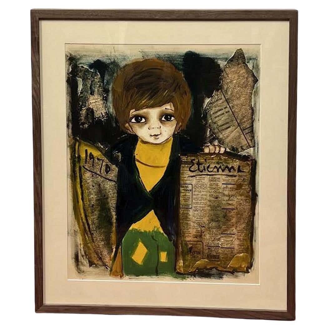 Collage and Watercolor of a Newsboy by Roger Etienne: Title: Collage and Watercolor of a Newsboy by Roger Etienne Description: Depicting a big eyed newsboy holding a stack of newspapers, this painting has an interesting medium. It was rendered in waterco