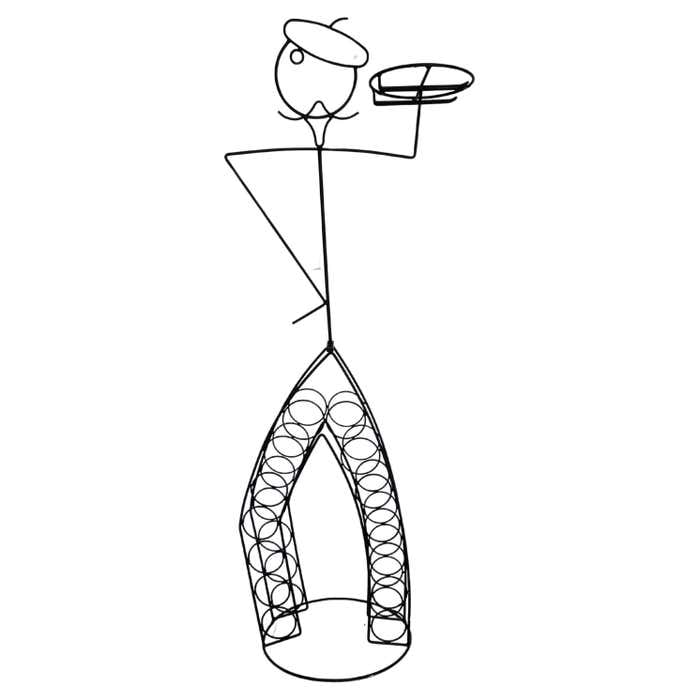 French Waiter Figure Wire Wine Rack in the style of John Risley: Title: French Waiter Figure Wire Wine Rack in the style of John Risley Description: The French Bartender figure sculpture captures the essence of a French bartender adorned with a dapper mustache and