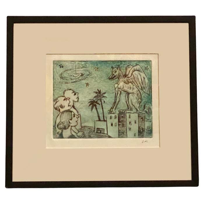 Green Sphinx Etching by John Marx: Title: Green Sphinx Etching by John Marx Description: In this polychrome etching, signed with his initials in pencil, John Marx constructs a scene that oscillates between strangeness and collective in
