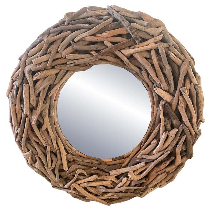 Midcentury Driftwood Wall Mirror with Interlaced Thin Branches: Title: Midcentury Driftwood Wall Mirror with Interlaced Thin Branches Description: This Midcentury wall mirror features a wooden frame crafted from interlaced thin driftwood branches, offering an orga