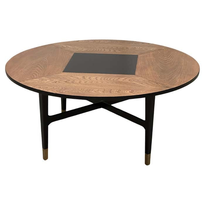 Midcentury Harvey Probber Round Black and Oak Coffee Table: Title: Midcentury Harvey Probber Round Black and Oak Coffee Table Description: Crafted by Harvey Probber, this round black and walnut coffee table is not just a functional piece but a statement of cla