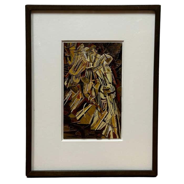 Oil, Wood and Straw Mixed Media signed N. Schultz after Marcel Duchamp: Title: Oil, Wood and Straw Mixed Media signed N. Schultz after Marcel Duchamp Description: This reproduction of Duchamp's "Nude Descending a Staircase" by artist N. Schultz is intriguing due to the de