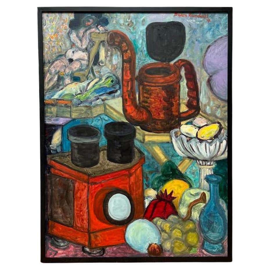 Still Life Oil on Canvas by Byron Randall: Title: Still Life Oil on Canvas by Byron Randall Description: Artist Byron Randall, Signed and Dated. A beautifully expressive still life. In the top left a nude woman is sitting, while in the forefro