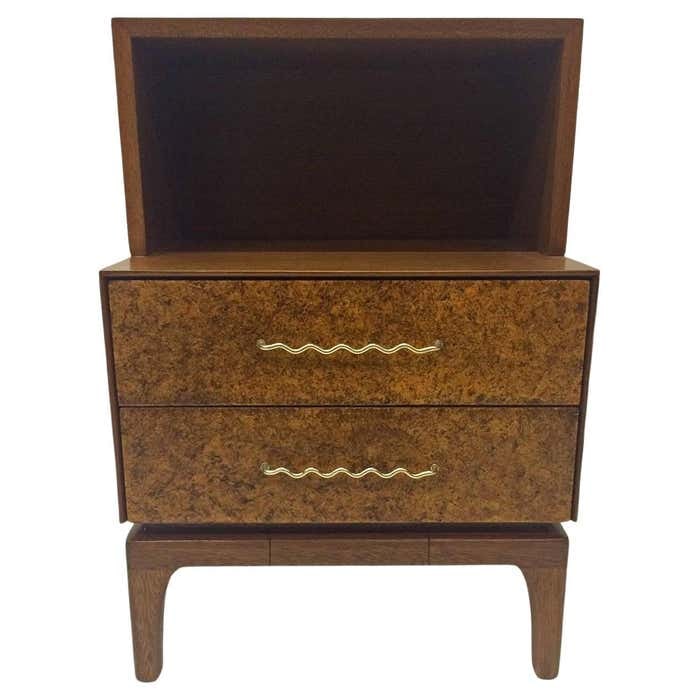 Wood and Brass Nightstand by John Keal for Brown-Saltman: Title: Wood and Brass Nightstand by John Keal for Brown-Saltman Description: Precious night stand by John Keal for Brown-Saltman. Drawers are made of particleboard looking very much like cork, accente