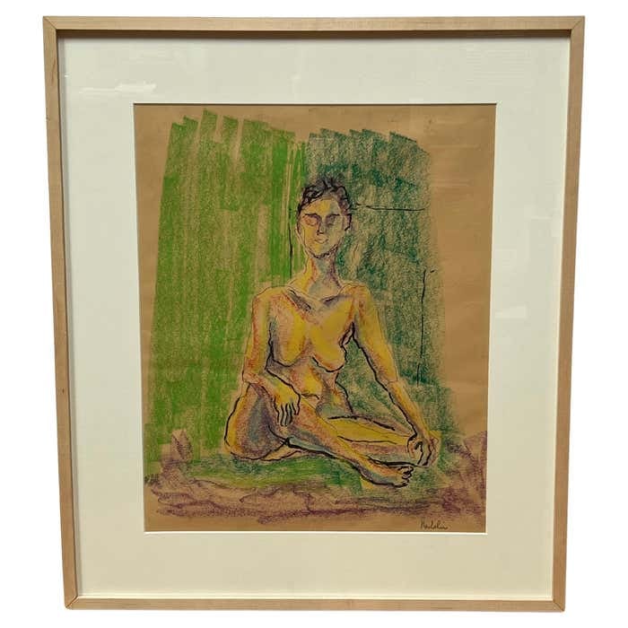"Figure in the Green Realm" Sitting Woman Portrait - Pastel by Louis Nadalini: Title: "Nude in the Green Realm" Sitting Woman Portrait - Pastel by Louis Nadalini Description: This artwork features a figure woman seating on the ground with a green background behind her. The woman