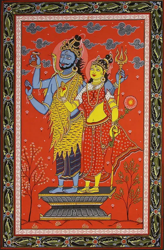 Shiva Parvati Blessing Their Devotees: Title: Shiva Parvati Blessing Their Devotees Description: Specifications PL99 Artist Rabi Behera Watercolor on PattiArtist: Rabi Behera 11.5 inches X 17.5 inches Reserve: $417.00 Shipping: