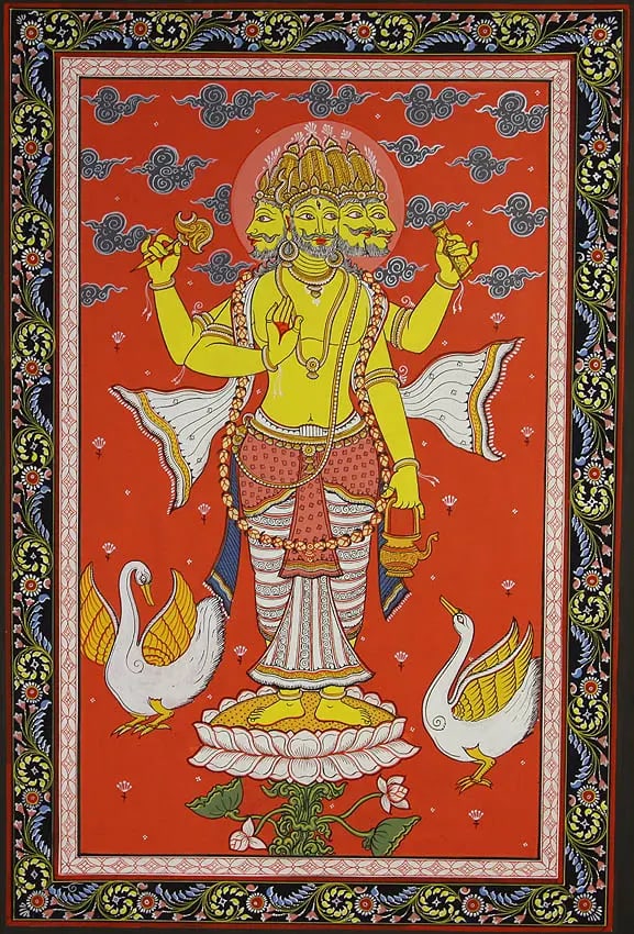 Lord Brahma, The Creator of the universe: Title: Lord Brahma, The Creator of the universe Description: Specifications PL93 Artist Rabi Behera Watercolor on PattiArtist: Rabi Behera 11.5 inches X 17.5 inches Reserve: $194.00 Shippi