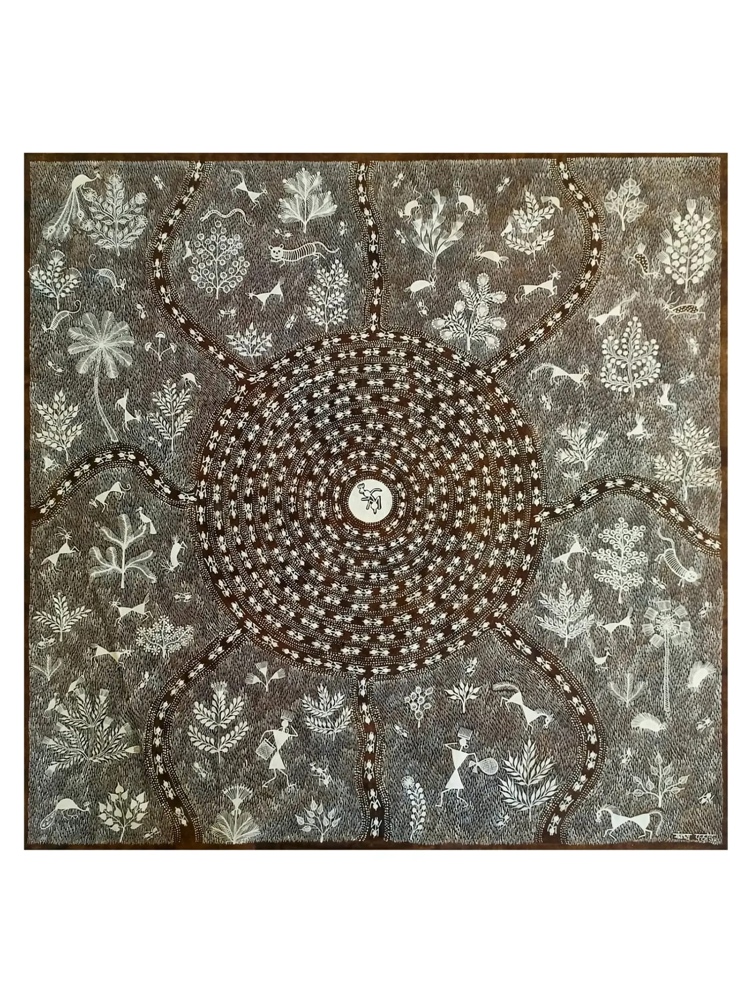 A Night in the Warli World: Ganga Gavari and Mahadev This captivating Warli painting, "Ganga Gavari: Title: A Night in the Warli World: Ganga Gavari and Mahadev This captivating Warli painting, "Ganga Gavari and Mahadev," by the celebrated artist Sanjay Balakrishna Parhad, transports you to a world b