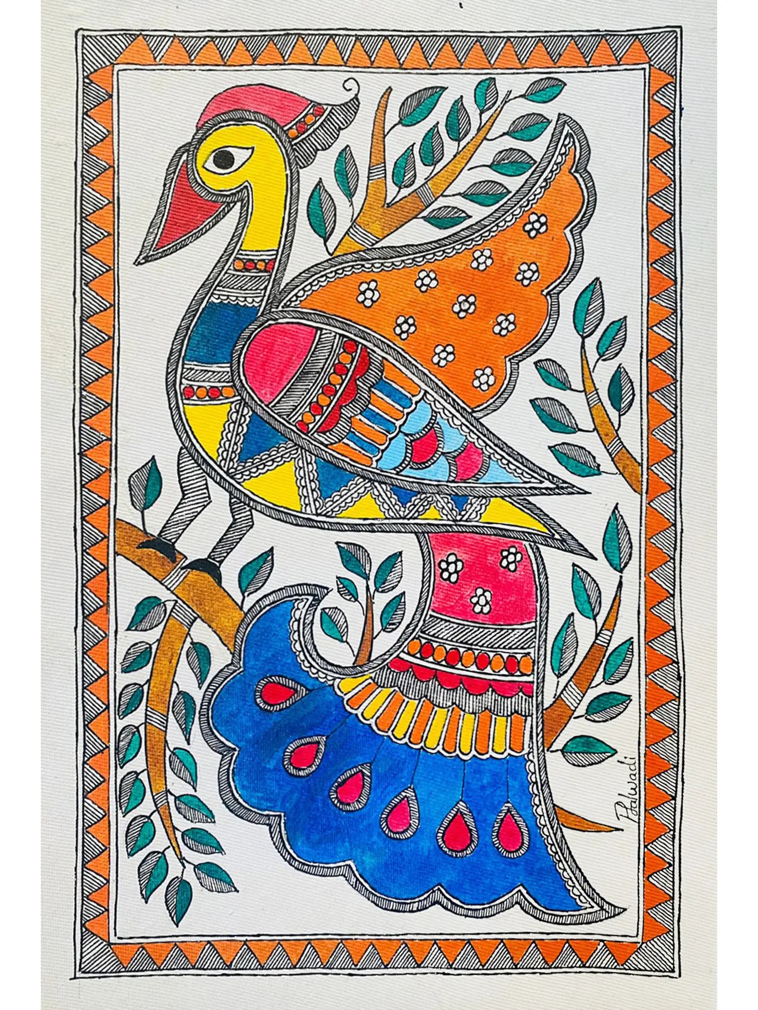 A Vibrant Ode to the Owl: A Madhubani Masterpiece This captivating Madhubani painting showcases a: Title: A Vibrant Ode to the Owl: A Madhubani Masterpiece This captivating Madhubani painting showcases a magnificent owl, rendered in a vibrant explosion of colors against a pristine handmade paper ba