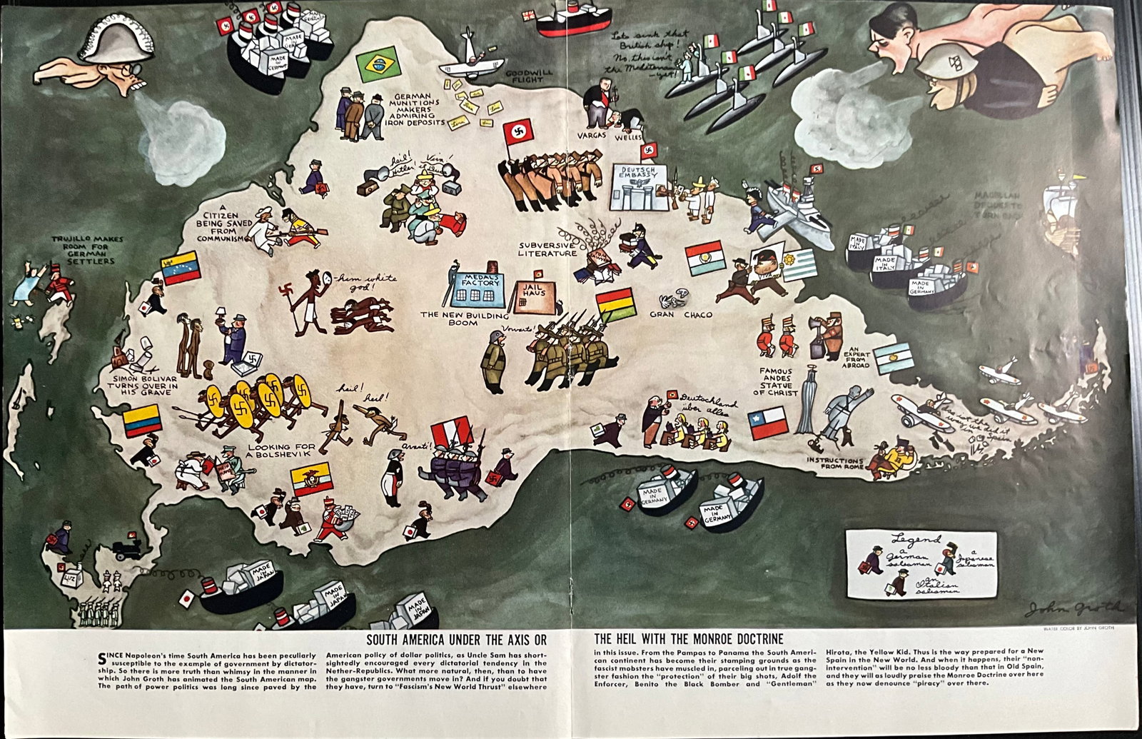 1938 Anti-Fascist Satirical Map: "South America Under Siege" by John Groth (Ken Magazine) –: Title: 1938 Anti-Fascist Satirical Map: "South America Under Siege" by John Groth (Ken Magazine) – WWII Propaganda Date/Period: 1938 Materials: Paper Size:21 x 11 1/2" Description:Description: A
