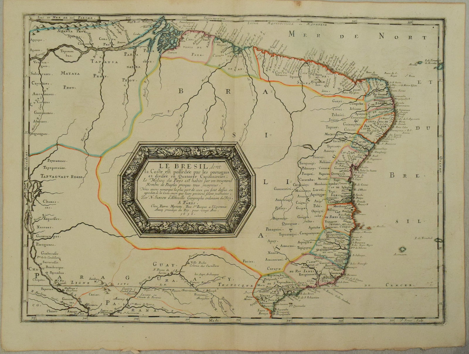 1656 Sanson Map of Brazil -- Le Bresil, dont la Coste est Possedee par les Portugais et Divisee en (1 of 1)