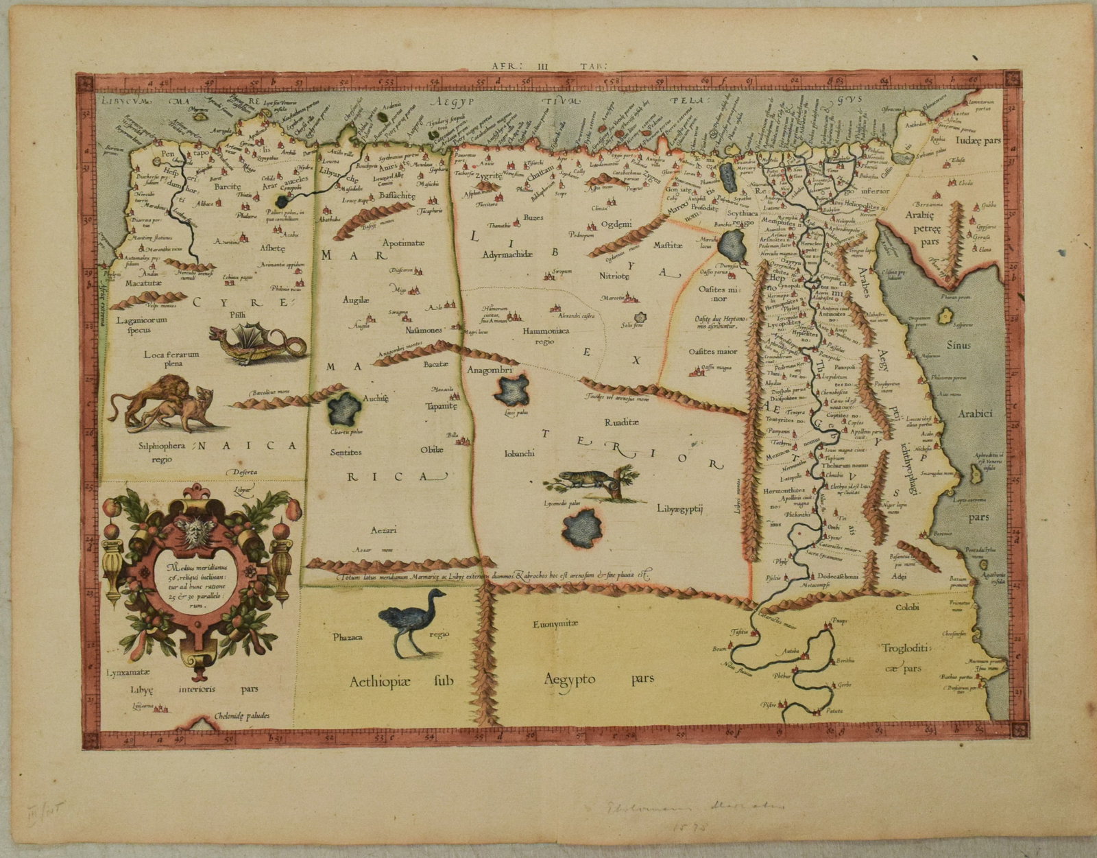 1578 Mercator Map of Egypt and Lybia in North Africa -- Afr. III Tab.: Title:1578 Mercator Map of Egypt and Lybia in North Africa -- Afr. III Tab.,li>Cartographer:G. Mercator Year/Place:1578 Amsterdam Map Dimension(in.):13.3 x 18.2 in. Description:This is an excellent, d