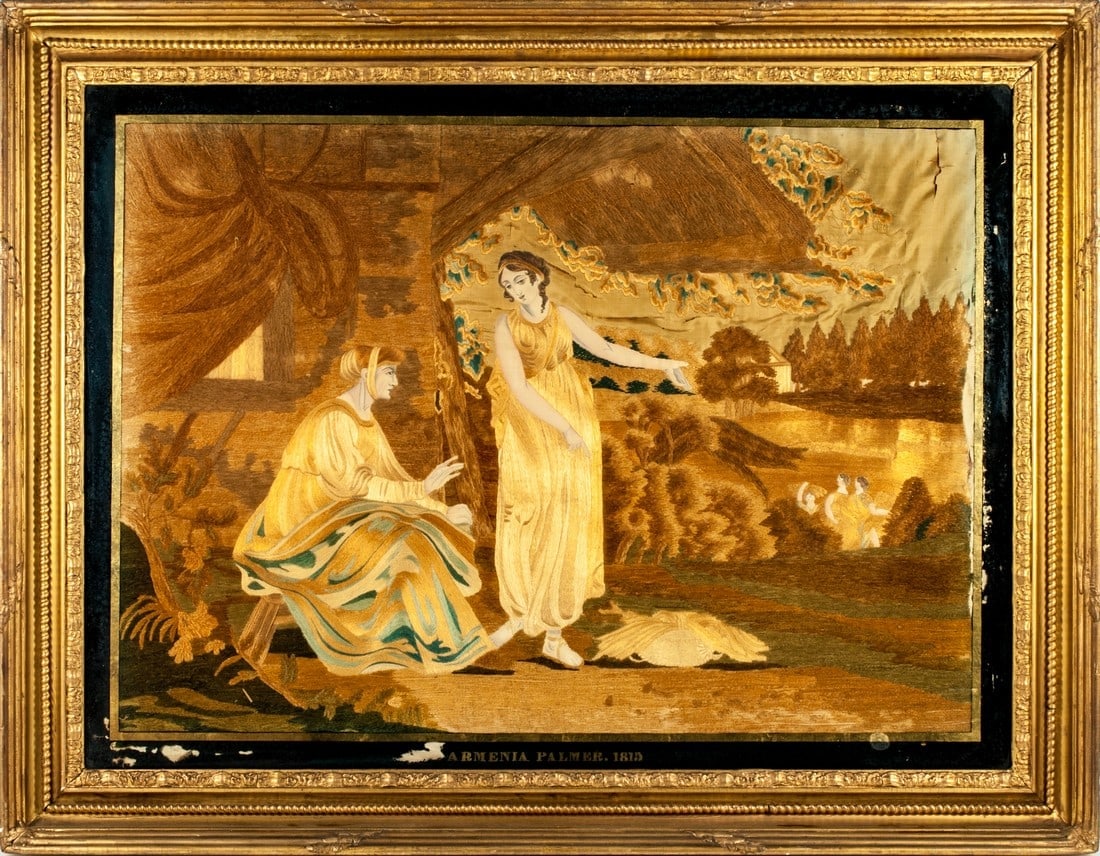 Ruth & Boaz – Needlework Sampler Silk Embroidery Philadelphia, PA dated 1815: This beautiful silk embroidery, worked by Armenia Palmer at an academy, depicts Ruth and her mother-in-law Naomi, part of the c.1300 BC Old Testament story of Ruth and Boaz. A professional artist pain