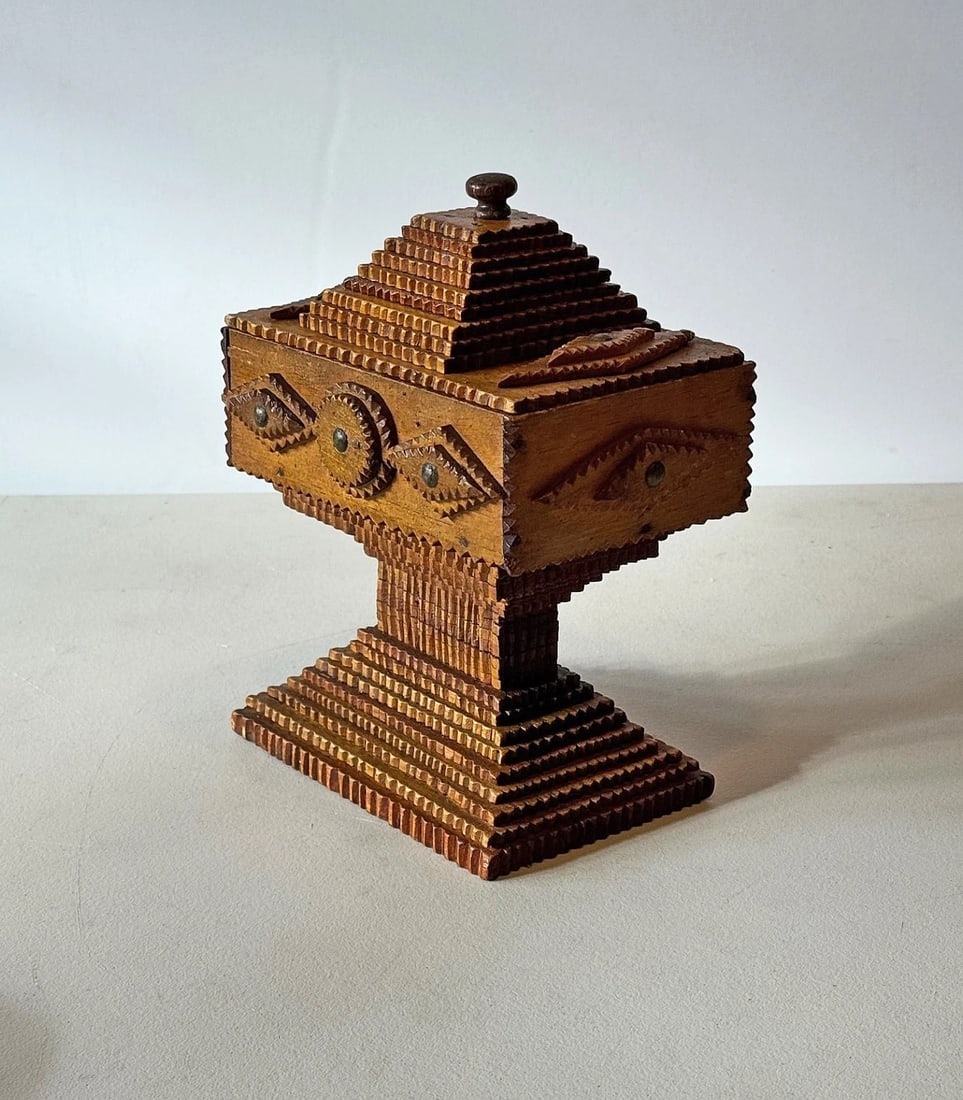 Intricate Deeply Layered Tramp Art Pedestal Box Cigar Box Construction Folk Art - 2