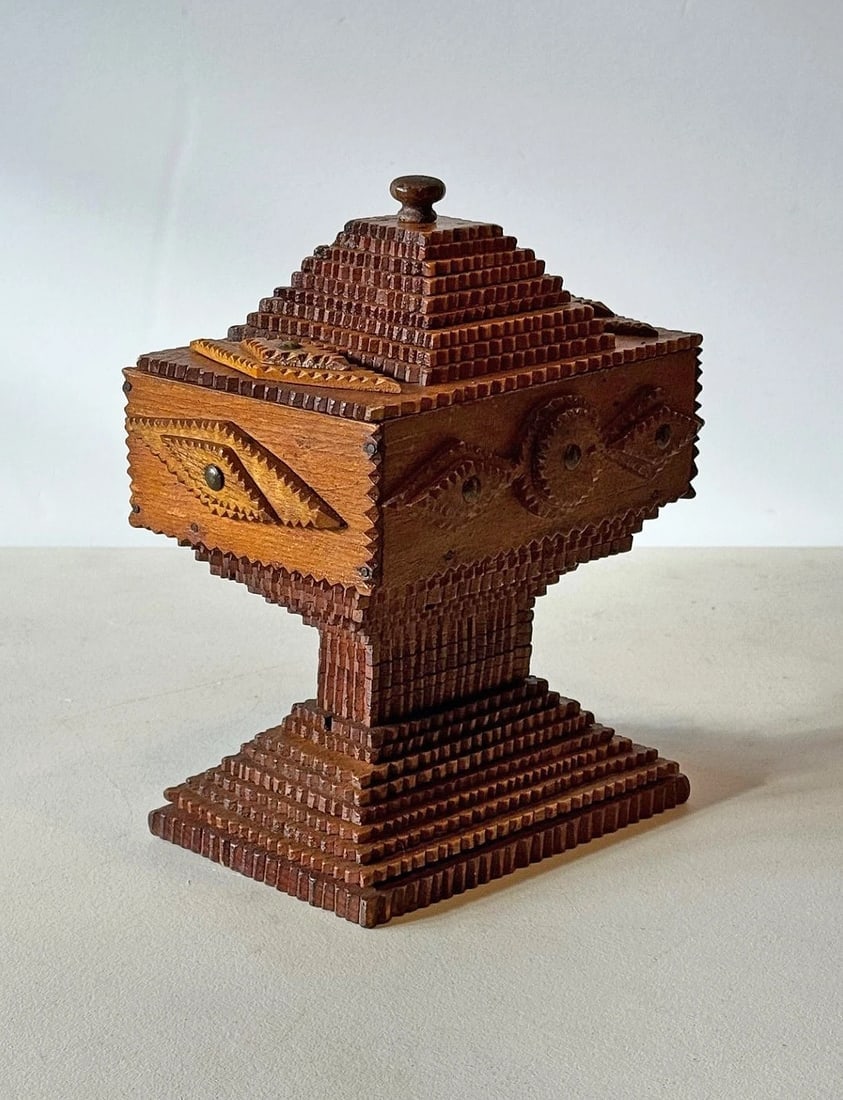 Intricate Deeply Layered Tramp Art Pedestal Box Cigar Box Construction Folk Art - 3