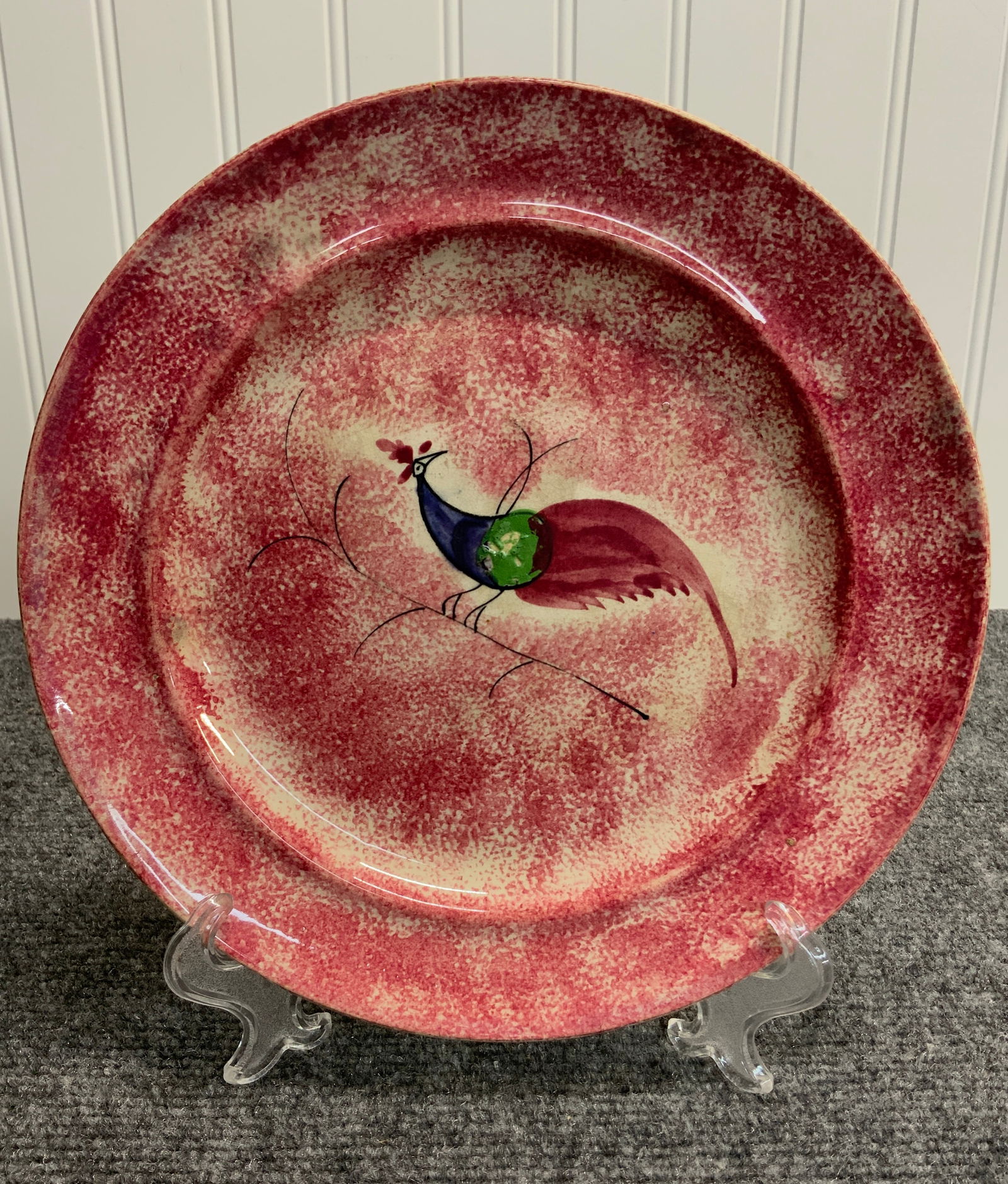 Large Spatterware Plate with Four Color Peafowl