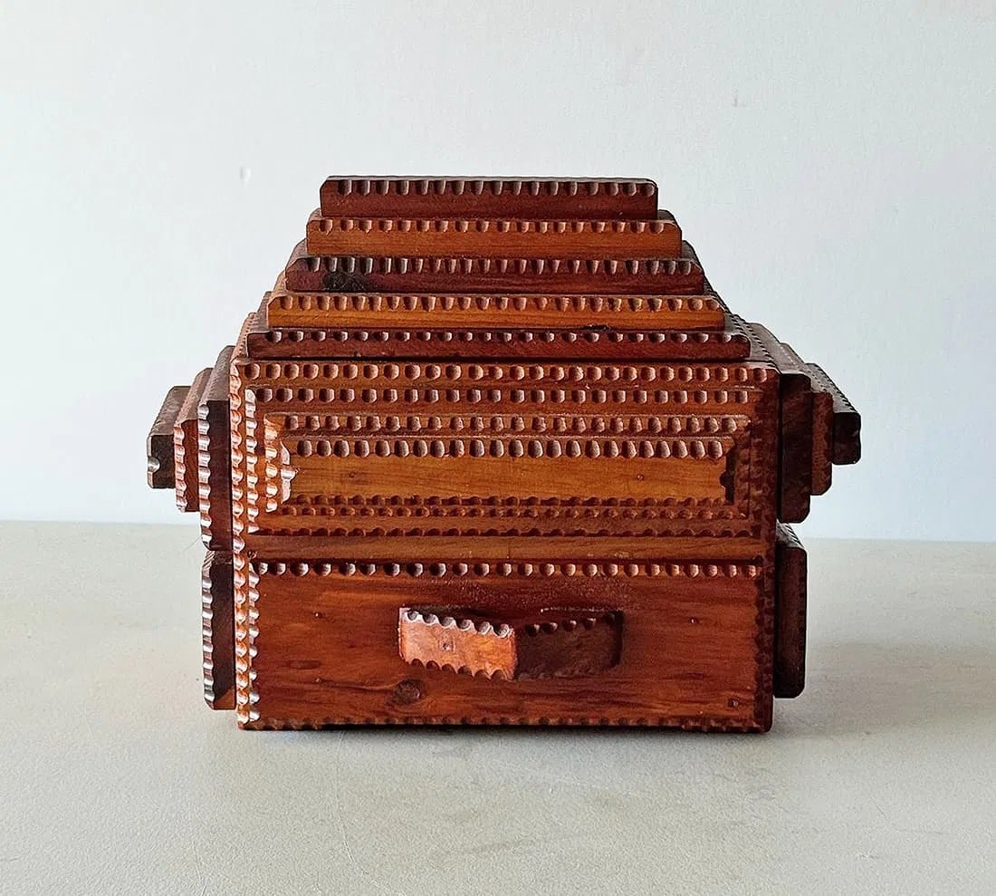 Historically Important Gus Wynn Tramp Art Box: Title: Historically Important Gus Wynn Tramp Art Box Description: A fine historically important tramp art box by the colorful Gus Wynn. The box exhibits the unique characteristics of his signature sty