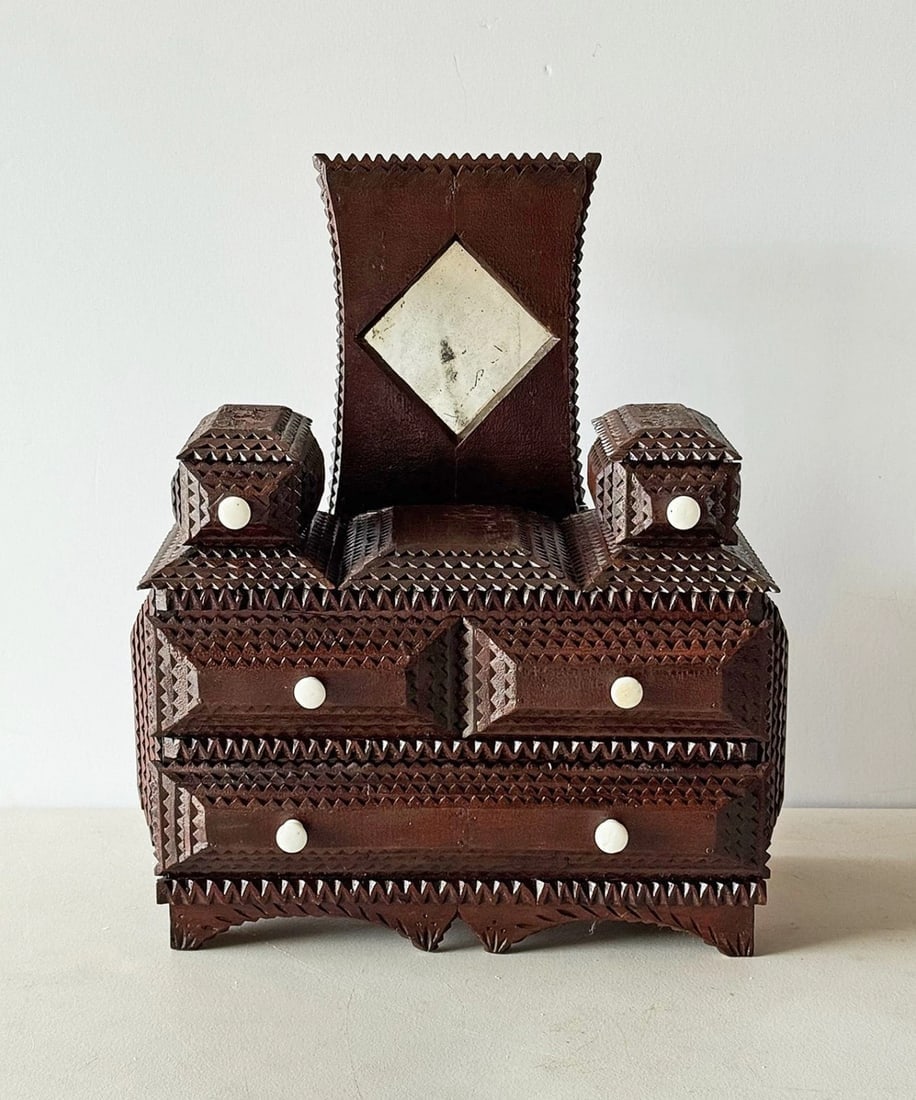 Tramp Art Miniature Chest with Mirror & Drawers Incised Carving Folk Art 1920s: Wonderful sculptural folk art - tramp art - miniature chest with a central mirror and drawers with porcelain knobs. Made out of wooden cigar boxes and crate woods. It has incised carvings on its base.