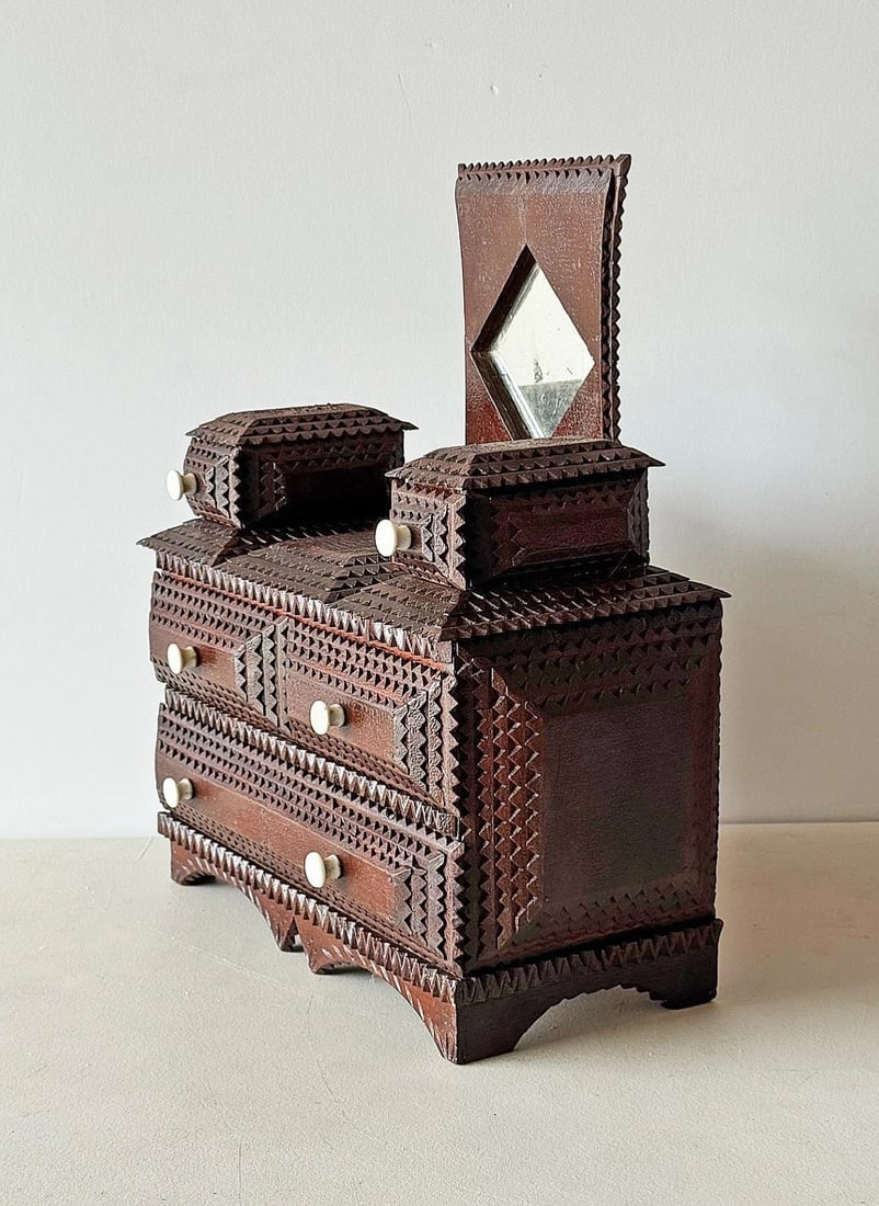 Tramp Art Miniature Chest with Mirror & Drawers Incised Carving Folk Art 1920s - 2