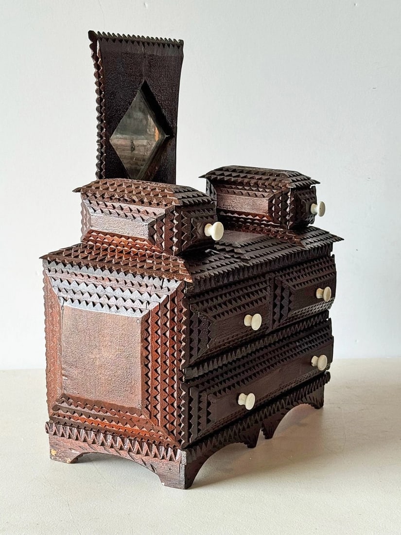 Tramp Art Miniature Chest with Mirror & Drawers Incised Carving Folk Art 1920s - 4