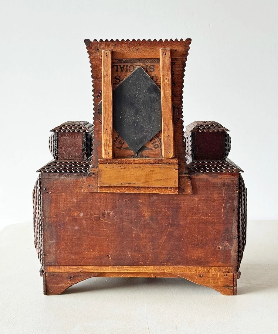 Tramp Art Miniature Chest with Mirror & Drawers Incised Carving Folk Art 1920s - 5