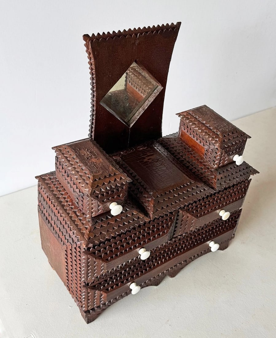 Tramp Art Miniature Chest with Mirror & Drawers Incised Carving Folk Art 1920s - 6