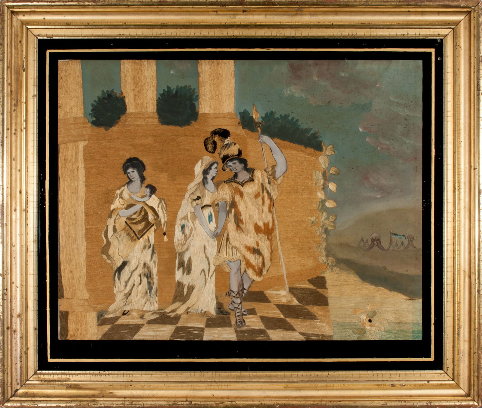 Needlework silk Embroidery sampler Picture Hector and Andromache c.1820 – Boston: This graphic silk embroidery depicts the moment on the battlements of Troy, when the Trojans’ great hero Hector has left the fighting momentarily; his wife Andromache, accompanied by a nurse and