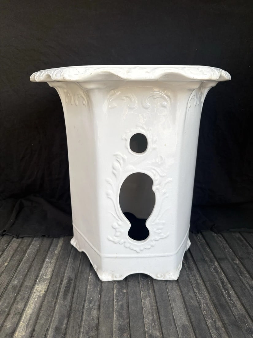 Rare Antique Ironstone Garden Seat: It measures 14 3/4” x 15” and is not marked but is ironstone that dates around the 1860’s. It has very minor wear and discoloration to the top, a 3” craze line on the edge of t