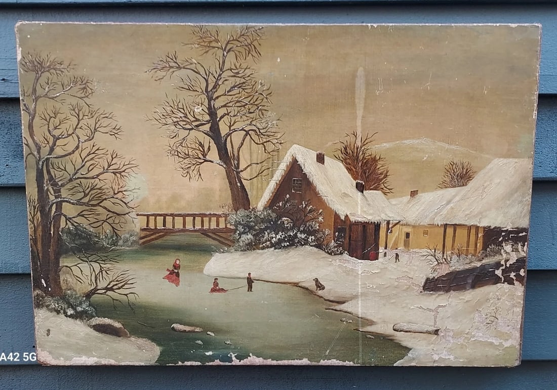 Oil painting Americana Winter Scene Folk Art Ice Skating Dog 19th century (1 of 8)