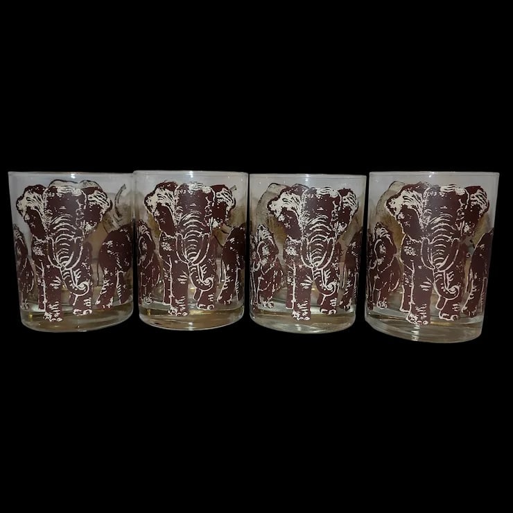 Vintage Tastesetter ELEPHANTS Safari Double Old Fashioned Cocktail Glasses