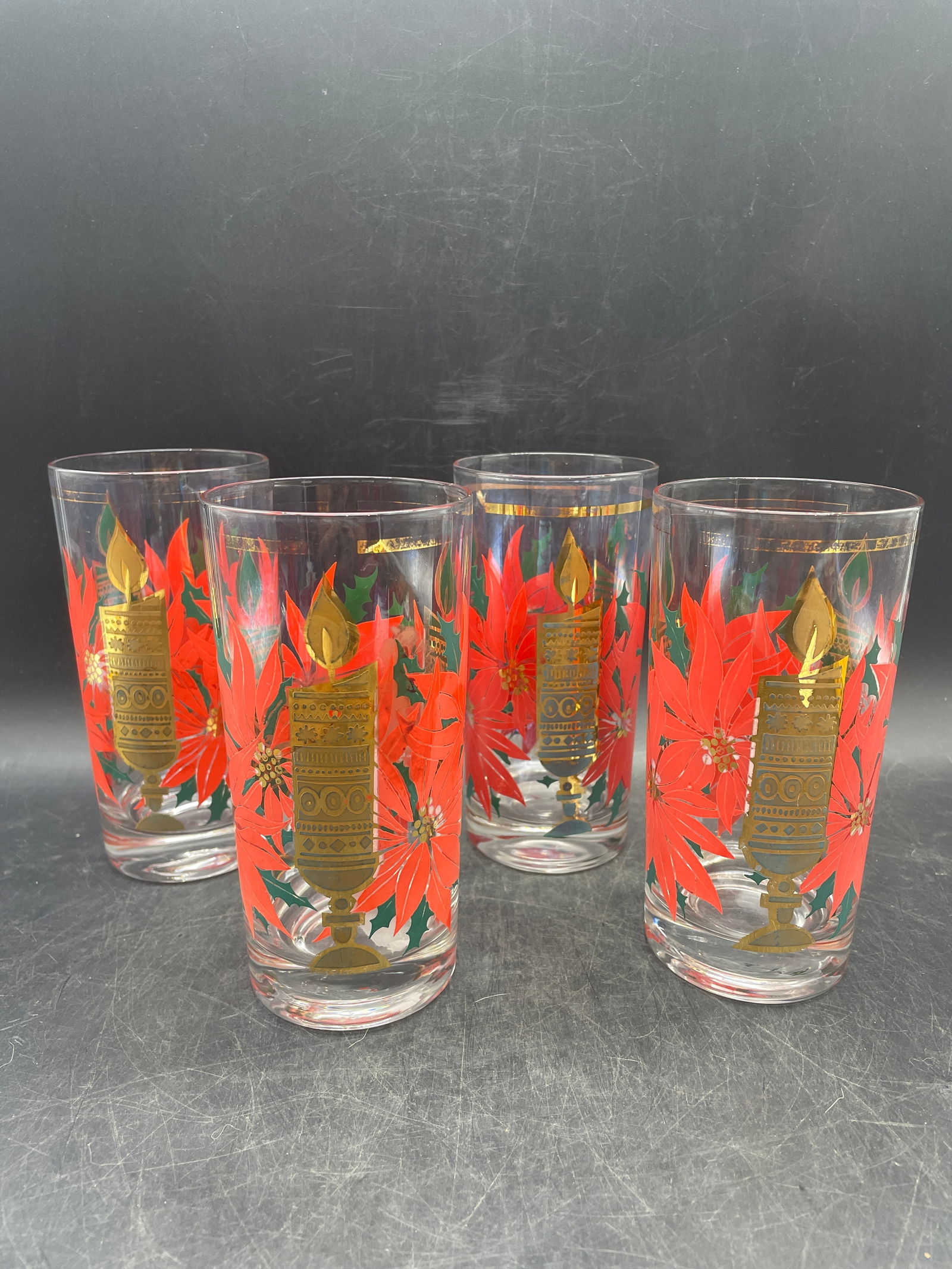 MCM Pasinski Christmas Glasses - 22K Gold Candles with Red Poinsettias