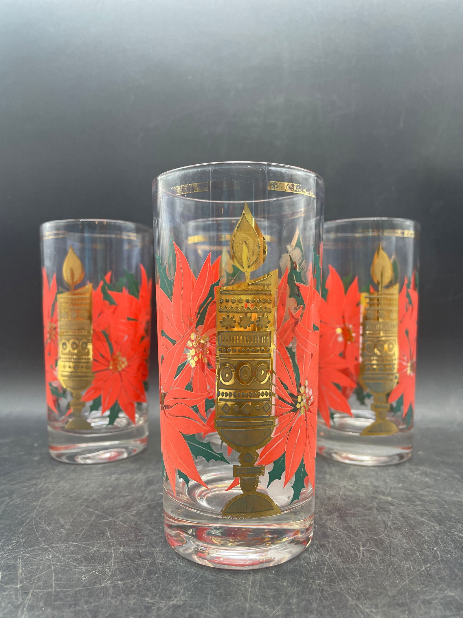 MCM Pasinski Christmas Glasses - 22K Gold Candles with Red Poinsettias - 3