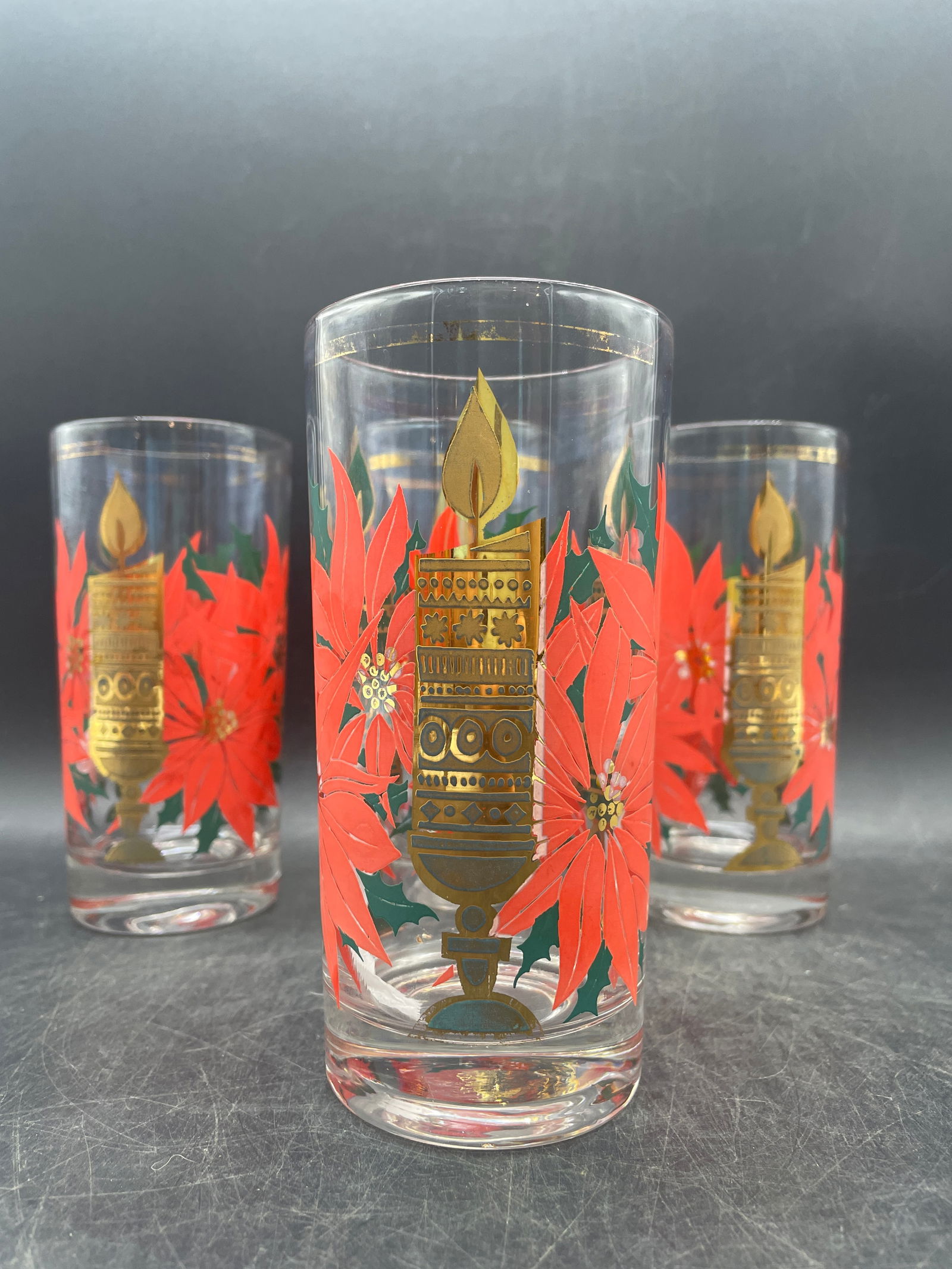 MCM Pasinski Christmas Glasses - 22K Gold Candles with Red Poinsettias - 5