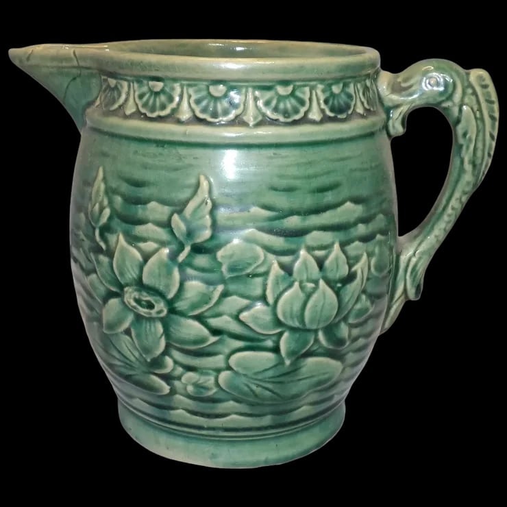 Nelson McCoy Stoneware Pitcher Lily Pads Fish Handle Green Art Pottery 1935 (1 of 8)