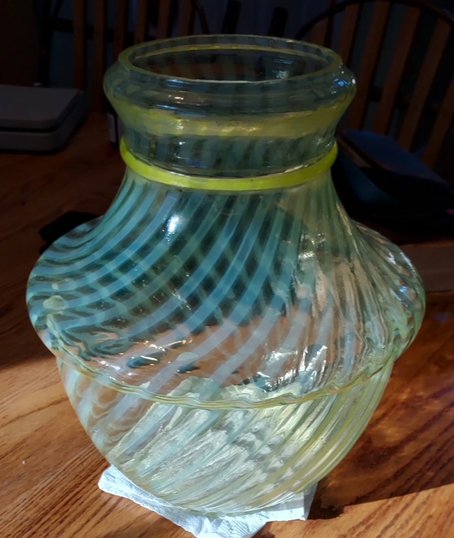 Antique Vaseline Or Yellow Opalescent Swirl Glass Shade: Great looking piece in excellent condition. It's from a hanging fixture. Would look great as a centerpiece on a table. 9" tall. openings are 4 1/2 and 5" in diameter. Approximately 100 year yellow opa